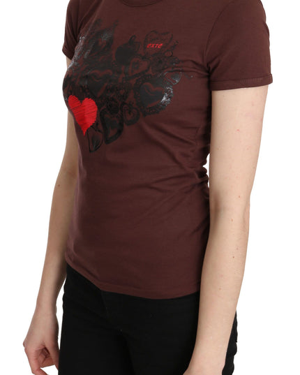 Exte Brown Hearts Printed Round Neck T-shirt Top