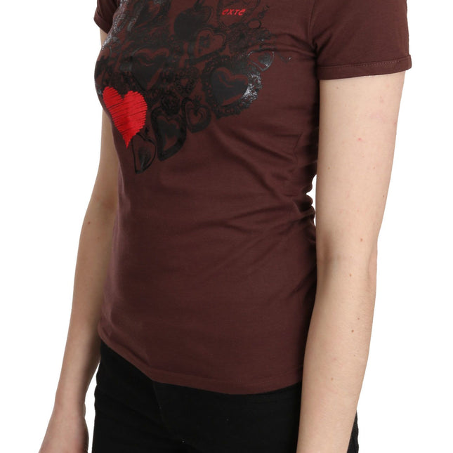 Exte Brown Hearts Printed Round Neck T-shirt Top
