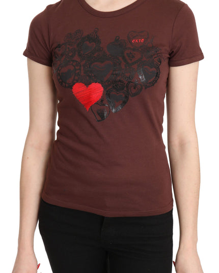 Exte Brown Hearts Printed Round Neck T-shirt Top