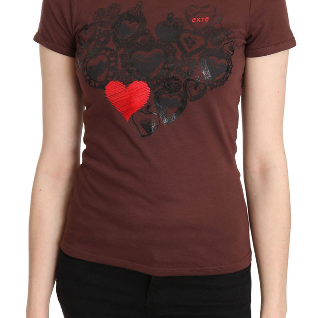Exte Brown Hearts Printed Round Neck T-shirt Top