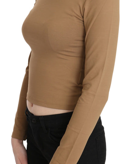 GF Ferre Brown Round Neck Long Sleeve Slim Crop Top Blouse