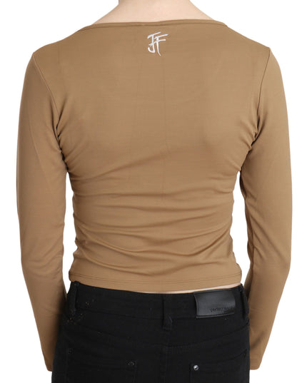 GF Ferre Brown Round Neck Long Sleeve Slim Crop Top Blouse