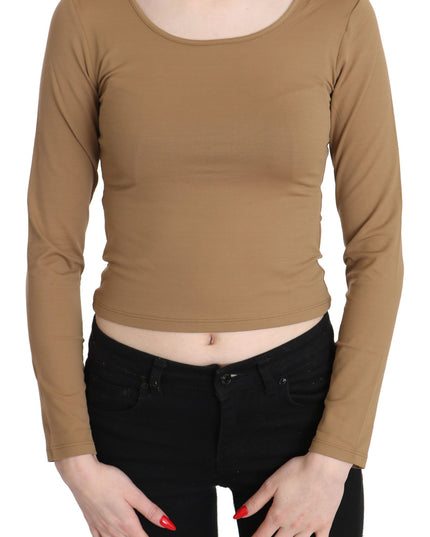 GF Ferre Brown Round Neck Long Sleeve Slim Crop Top Blouse