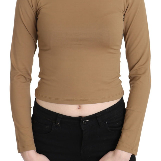 GF Ferre Brown Round Neck Long Sleeve Slim Crop Top Blouse