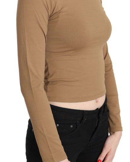 GF Ferre Brown Round Neck Long Sleeve Slim Crop Top Blouse