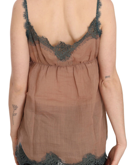 PINK MEMORIES Brown Lace Spaghetti Strap Tank Top Blouse
