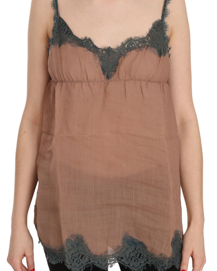 PINK MEMORIES Brown Lace Spaghetti Strap Tank Top Blouse