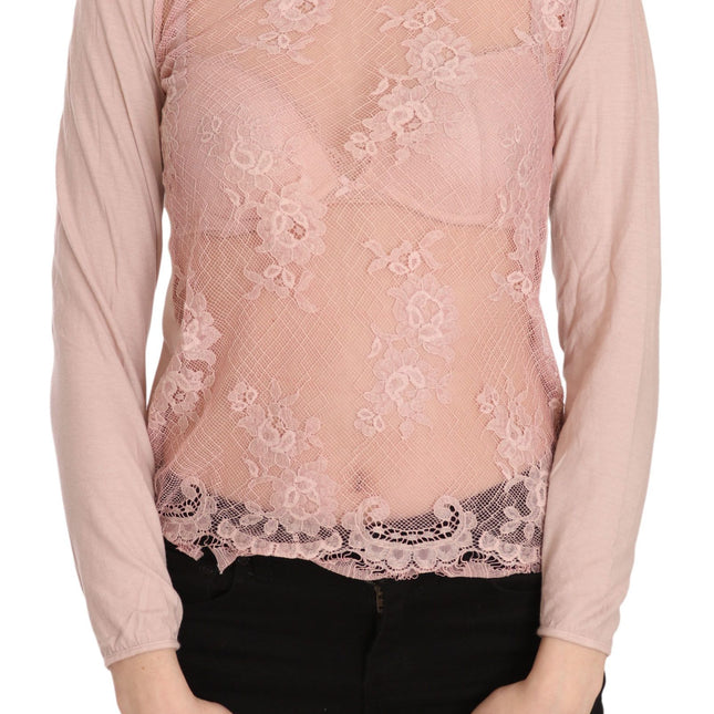 PINK MEMORIES Pink Lace See Through Long Sleeve Top Blouse