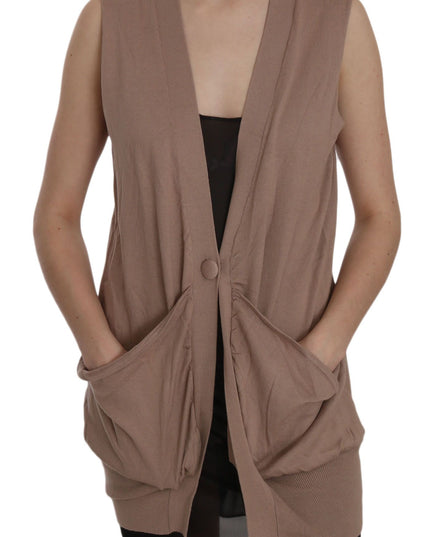 PINK MEMORIES Brown 100% Cotton Sleeveless Cardigan Top Vest