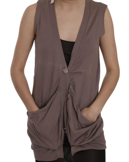 PINK MEMORIES Brown 100% Cotton Sleeveless Cardigan Top Vest