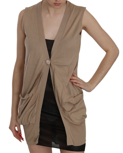 PINK MEMORIES Brown 100% Cotton Sleeveless Cardigan Top Vest