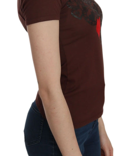 Exte Brown Heart Print Crew Neck T-shirt Short Sleeve Blouse
