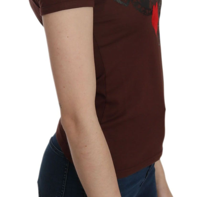 Exte Brown Heart Print Crew Neck T-shirt Short Sleeve Blouse