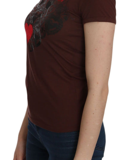 Exte Brown Heart Print Crew Neck T-shirt Short Sleeve Blouse