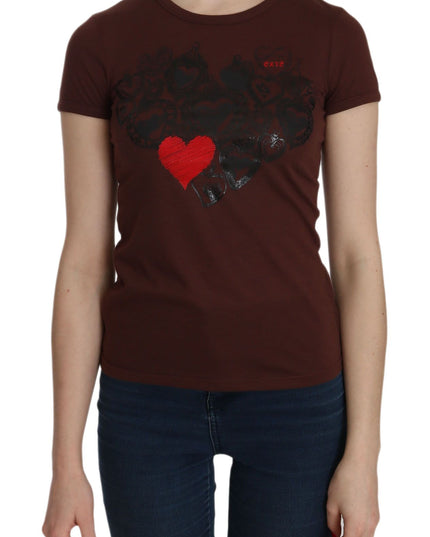 Exte Brown Heart Print Crew Neck T-shirt Short Sleeve Blouse