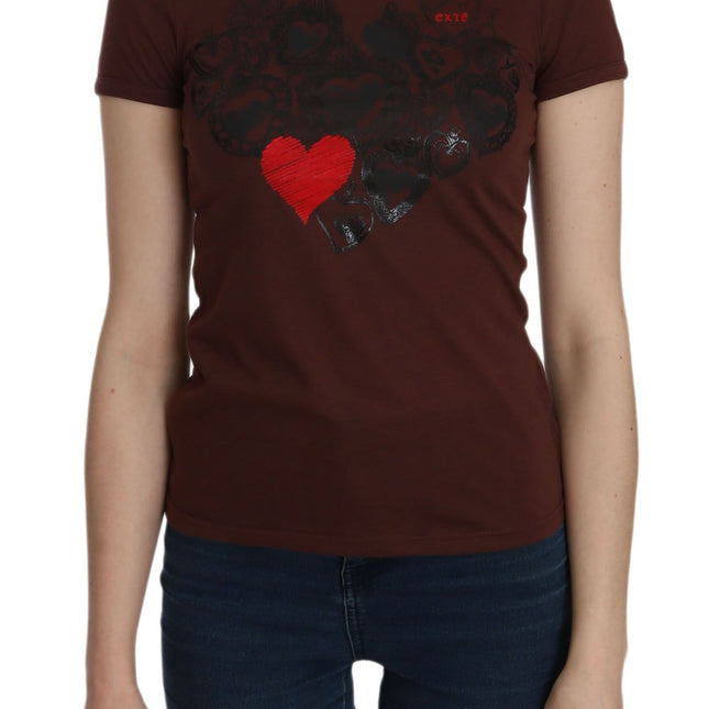 Exte Brown Heart Print Crew Neck T-shirt Short Sleeve Blouse