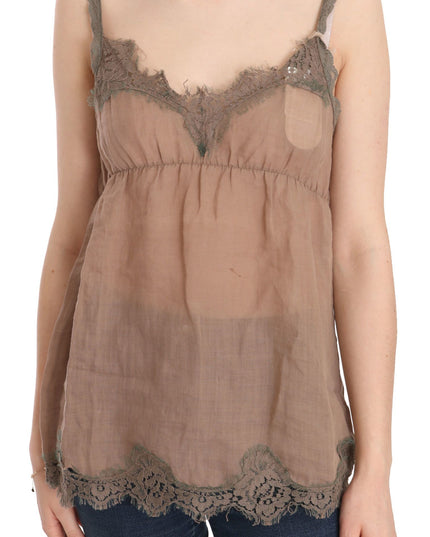 PINK MEMORIES Brown Lace Spaghetti Strap Plunging Top Blouse