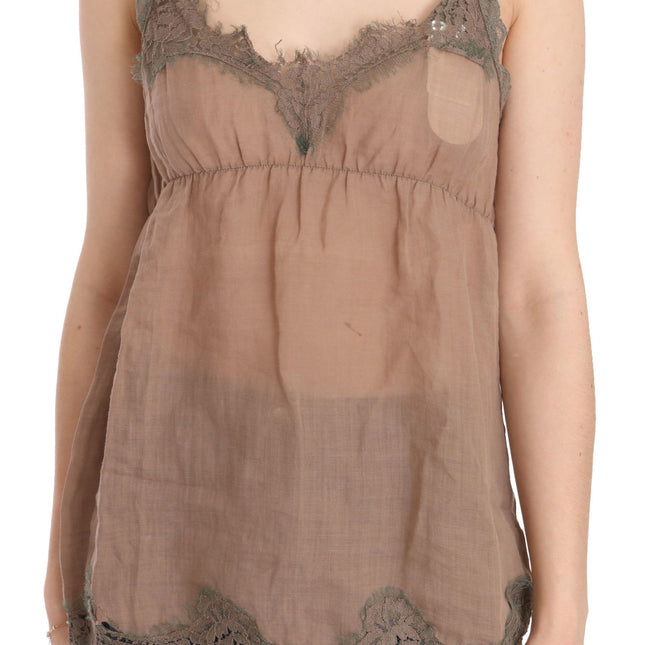 PINK MEMORIES Brown Lace Spaghetti Strap Plunging Top Blouse