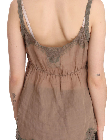 PINK MEMORIES Brown Lace Spaghetti Strap Plunging Top Blouse