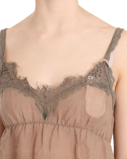 PINK MEMORIES Brown Lace Spaghetti Strap Plunging Top Blouse