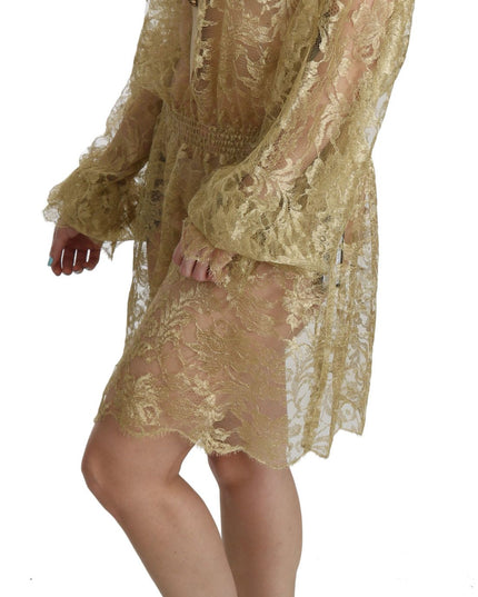 Dolce & Gabbana Gold Lace See Through A-Line Knee Length Dress