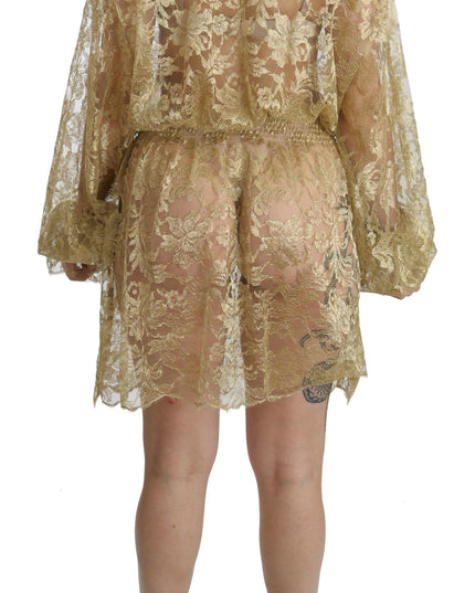 Dolce & Gabbana Gold Lace See Through A-Line Knee Length Dress