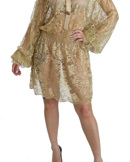 Dolce & Gabbana Gold Lace See Through A-Line Knee Length Dress