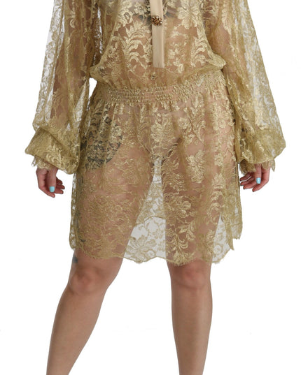 Dolce & Gabbana Gold Lace See Through A-Line Knee Length Dress