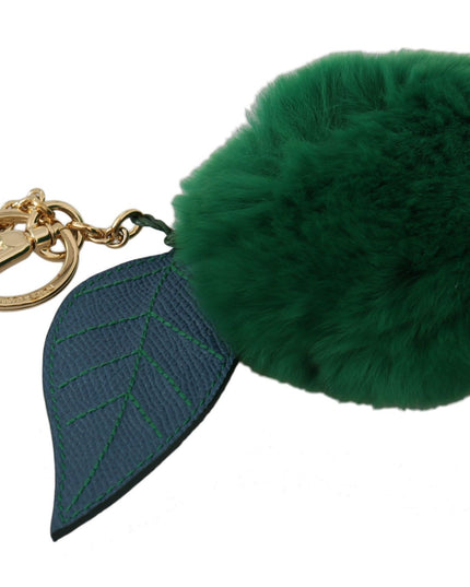 Dolce & Gabbana Green Leather Fur Gold Clasp Keyring Women Keychain