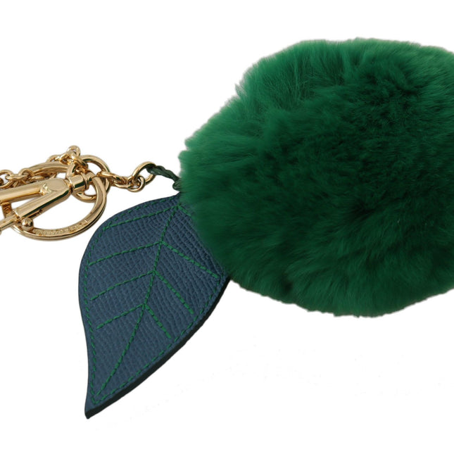 Dolce & Gabbana Green Leather Fur Gold Clasp Keyring Women Keychain