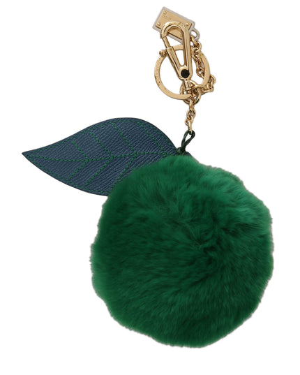 Dolce & Gabbana Green Leather Fur Gold Clasp Keyring Women Keychain