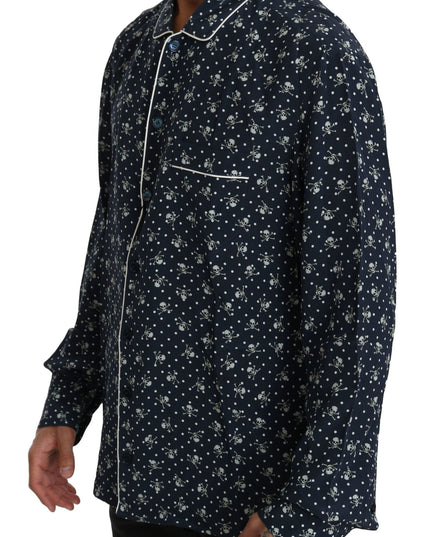 Dolce & Gabbana Blue Skull Print Silk Top Sleepwear Shirt
