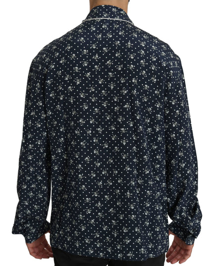 Dolce & Gabbana Blue Skull Print Silk Top Sleepwear Shirt
