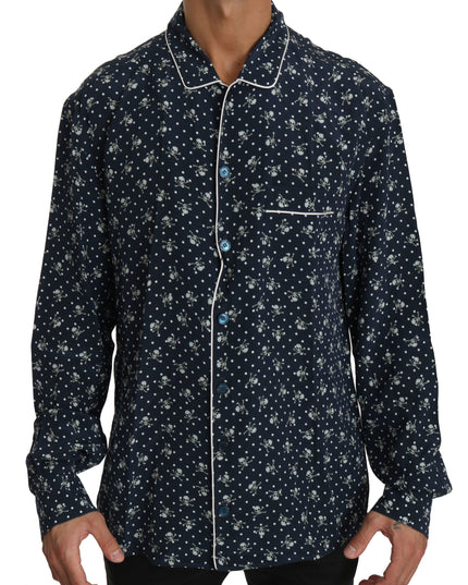 Dolce & Gabbana Blue Skull Print Silk Top Sleepwear Shirt