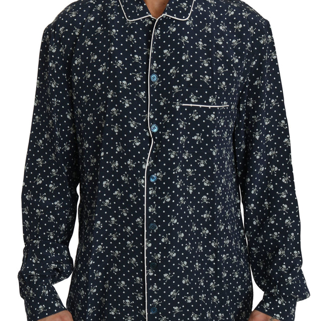 Dolce & Gabbana Blue Skull Print Silk Top Sleepwear Shirt