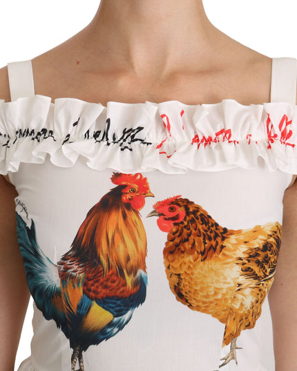 Dolce & Gabbana White Rooster Sheath Midi Cotton Dress