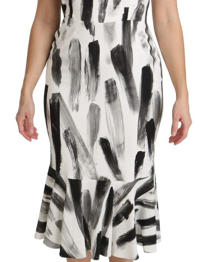 Dolce & Gabbana White Black Printed Sheath Midi Viscose Dress