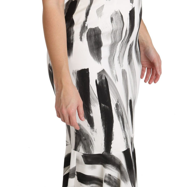 Dolce & Gabbana White Black Printed Sheath Midi Viscose Dress