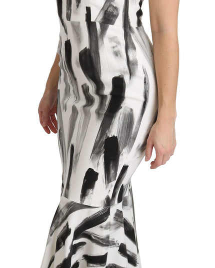 Dolce & Gabbana White Black Printed Sheath Midi Viscose Dress