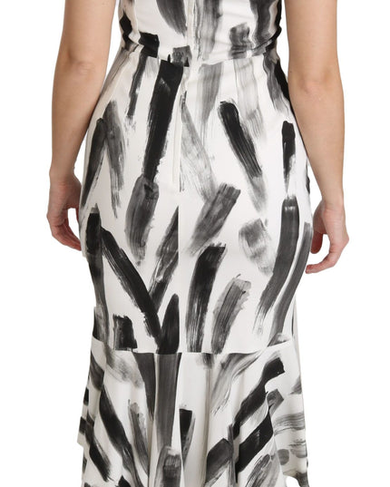 Dolce & Gabbana White Black Printed Sheath Midi Viscose Dress