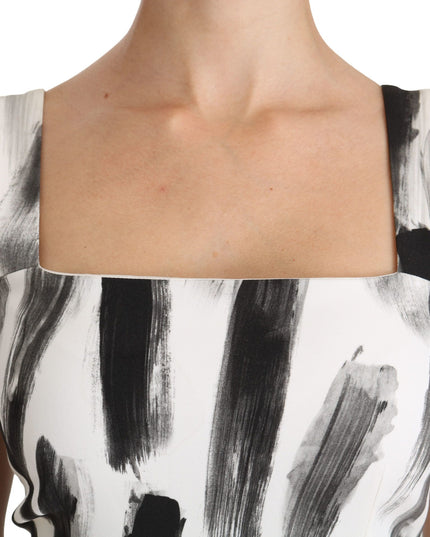 Dolce & Gabbana White Black Printed Sheath Midi Viscose Dress