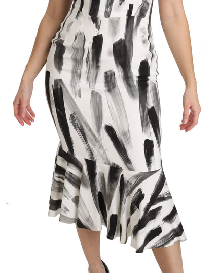 Dolce & Gabbana White Black Printed Sheath Midi Viscose Dress