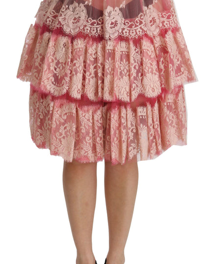 Dolce & Gabbana Pink Lace Layered High Waist Knee Length Skirt