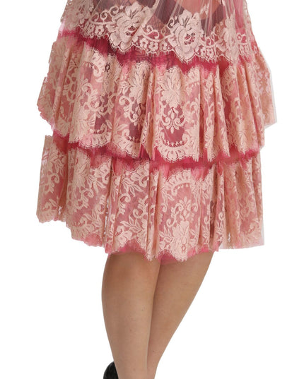 Dolce & Gabbana Pink Lace Layered High Waist Knee Length Skirt