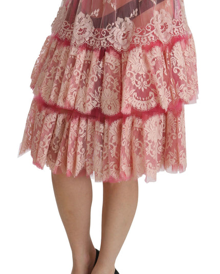 Dolce & Gabbana Pink Lace Layered High Waist Knee Length Skirt
