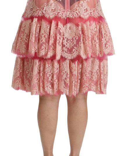 Dolce & Gabbana Pink Lace Layered High Waist Knee Length Skirt