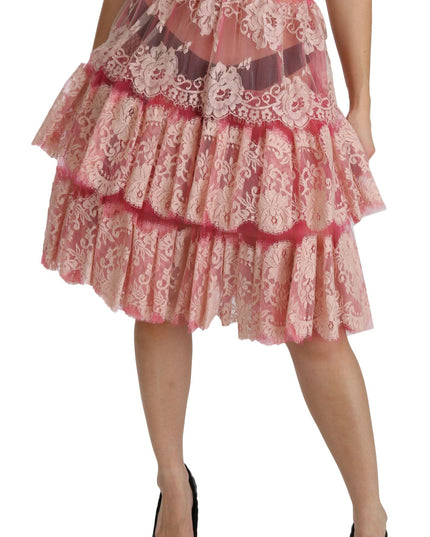 Dolce & Gabbana Pink Lace Layered High Waist Knee Length Skirt
