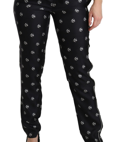 Dolce & Gabbana Black Printed Mid Waist Skinny Silk Pants