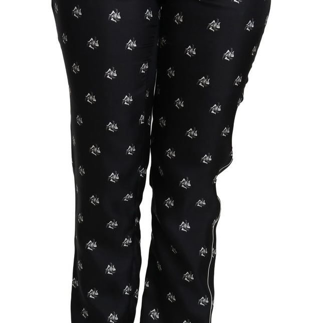 Dolce & Gabbana Black Printed Mid Waist Skinny Silk Pants
