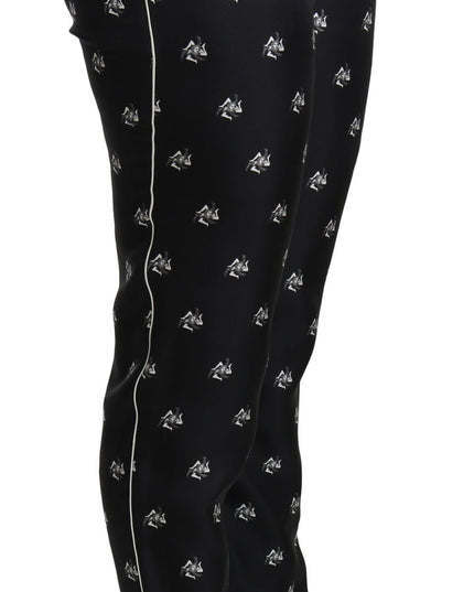 Dolce & Gabbana Black Printed Mid Waist Skinny Silk Pants